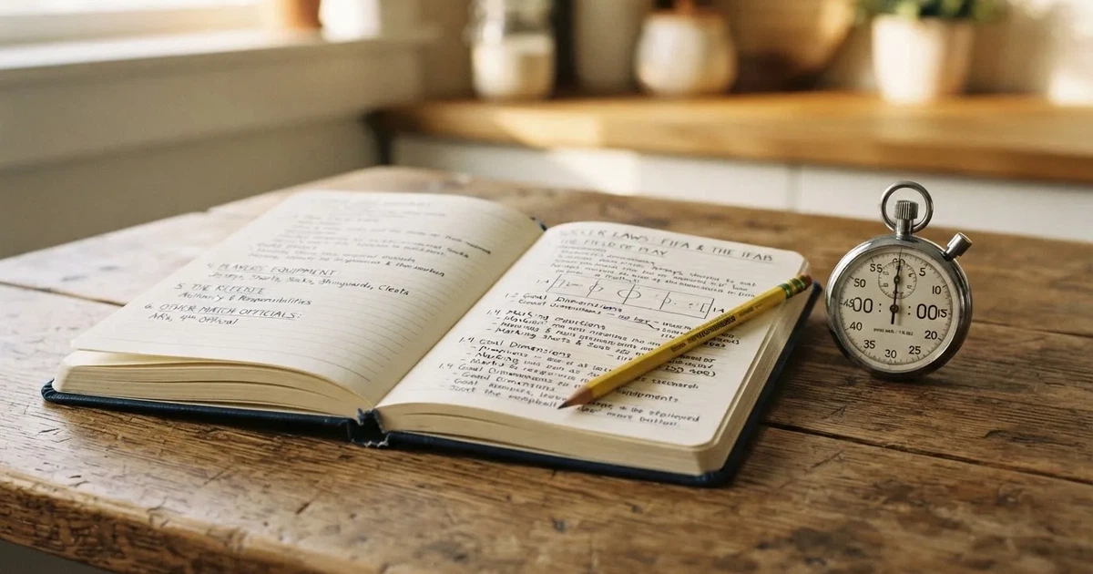 An open notebook with a pencil and a stopwatch on a wooden table