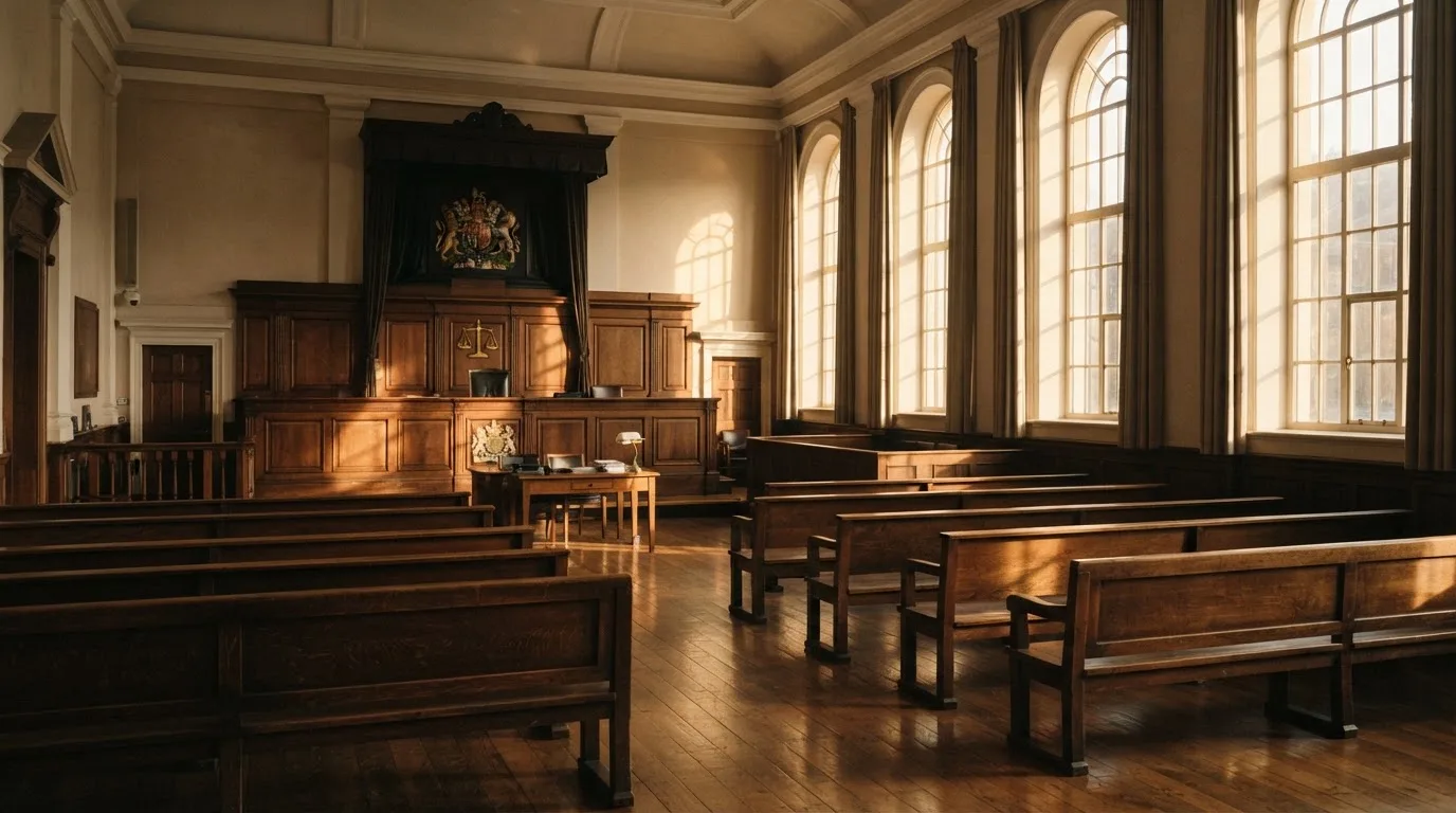 An empty courtroom with wooden benches in morning light