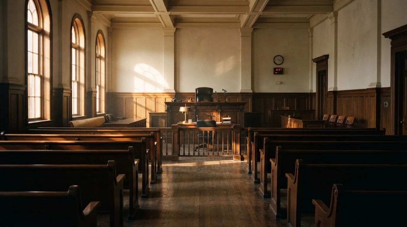 An empty courtroom with wooden benches in morning light