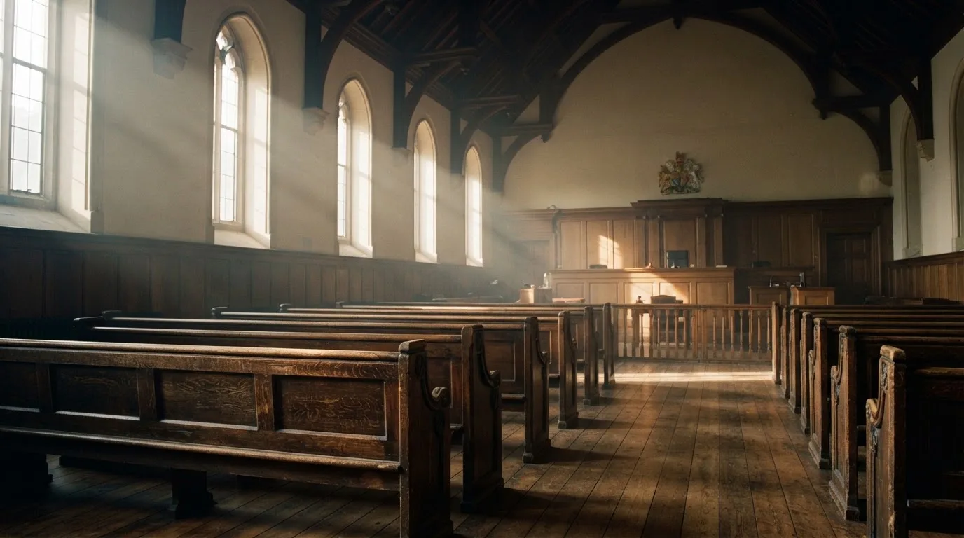 An empty courtroom with wooden benches in morning light