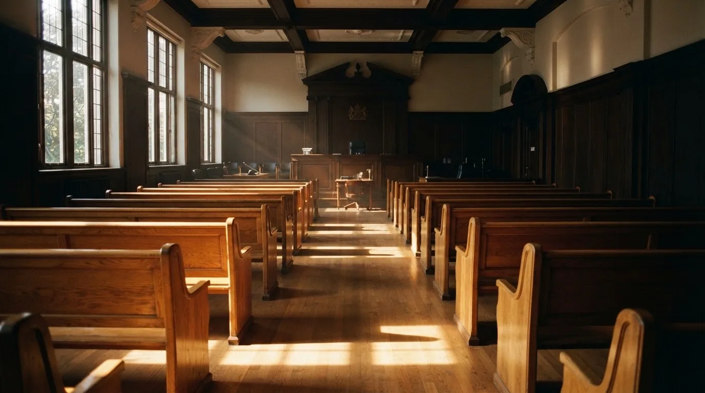 An empty courtroom with wooden benches in morning light