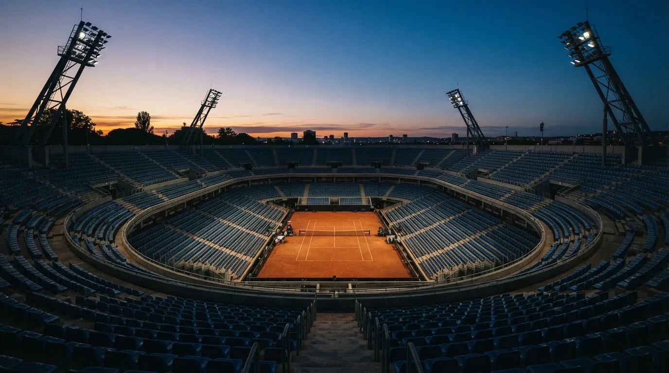 An empty football stadium with floodlight masts at dusk