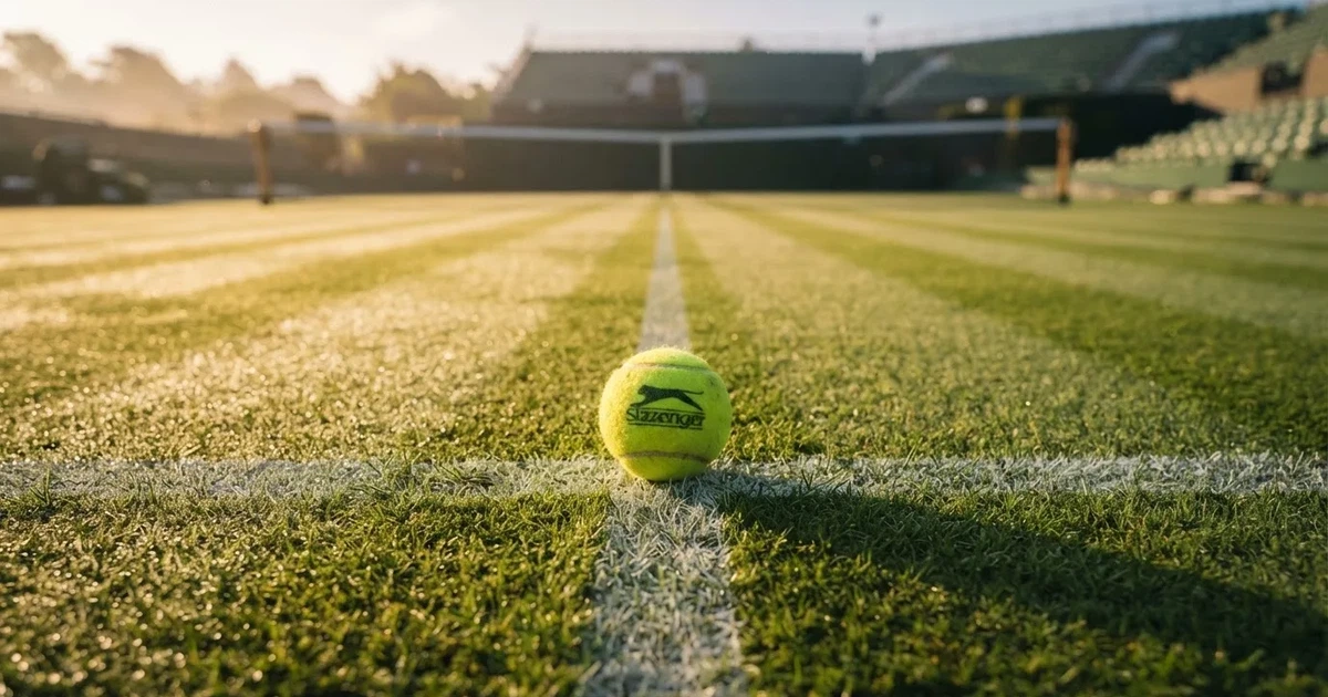 A ball on the centre spot of a grass pitch in morning light