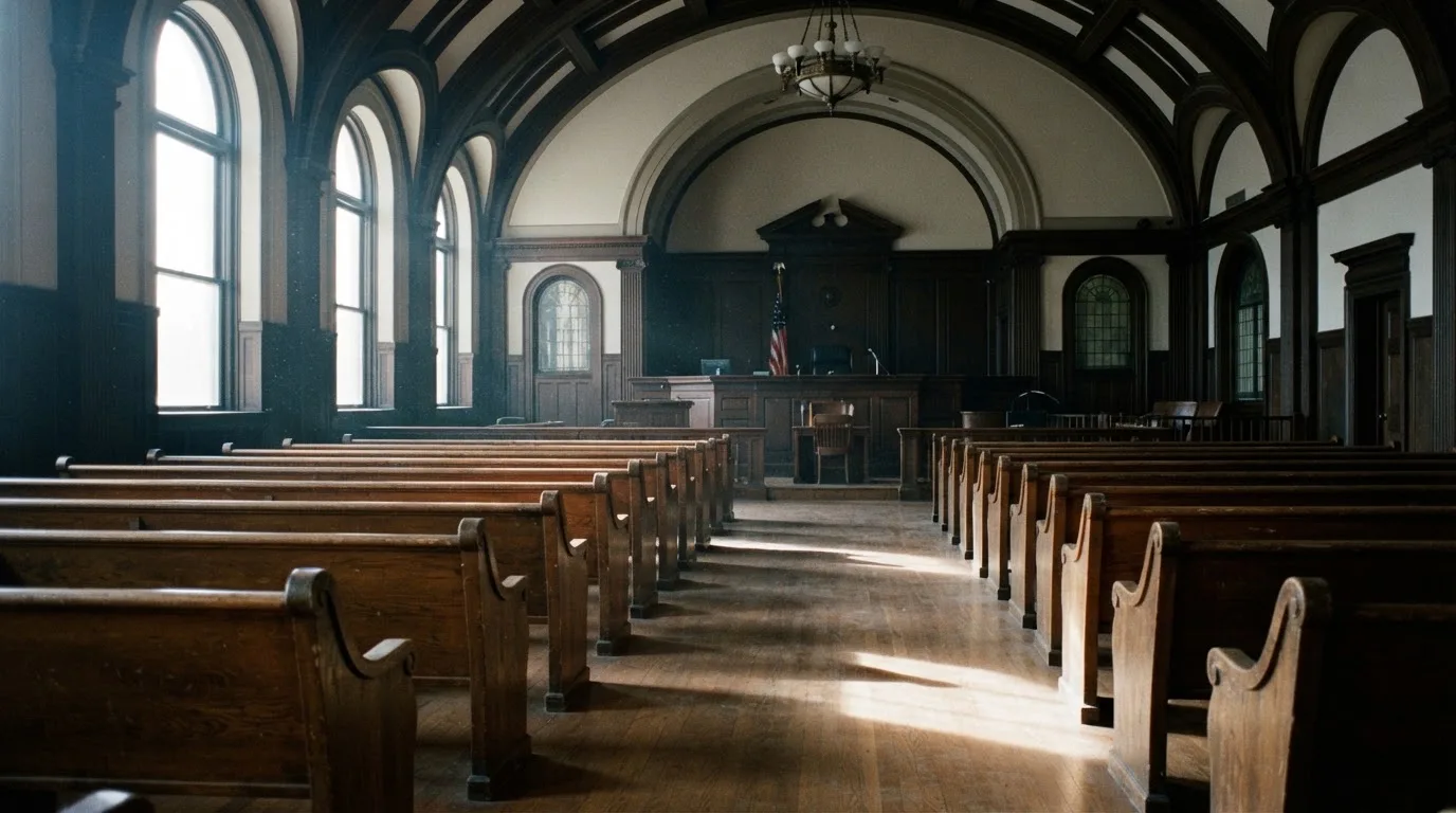 An empty courtroom with wooden benches in morning light