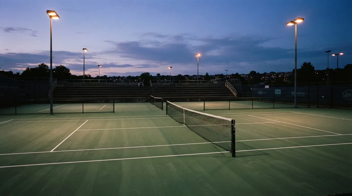 An empty football stadium with floodlight masts at dusk