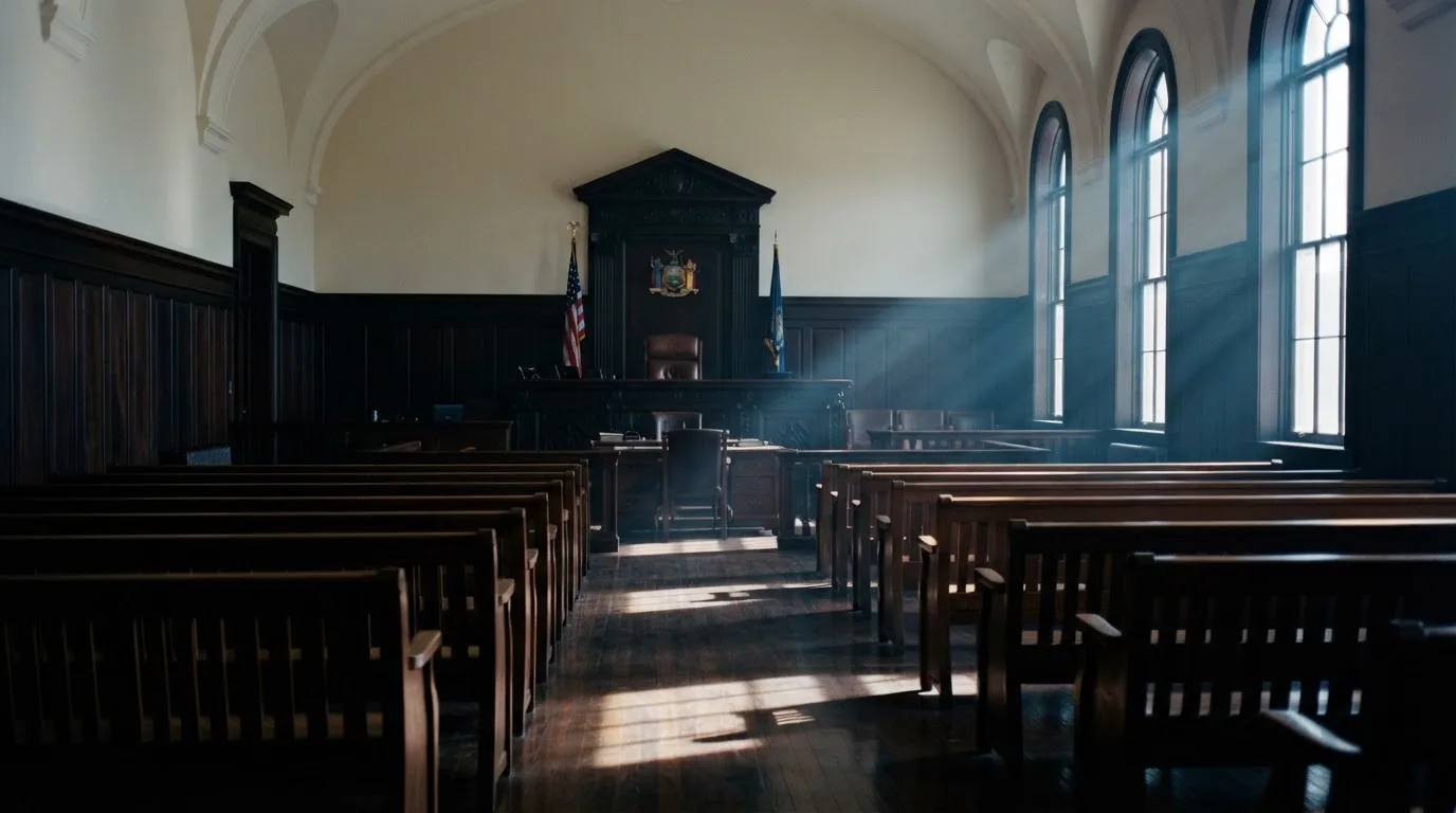 An empty courtroom with wooden benches in morning light