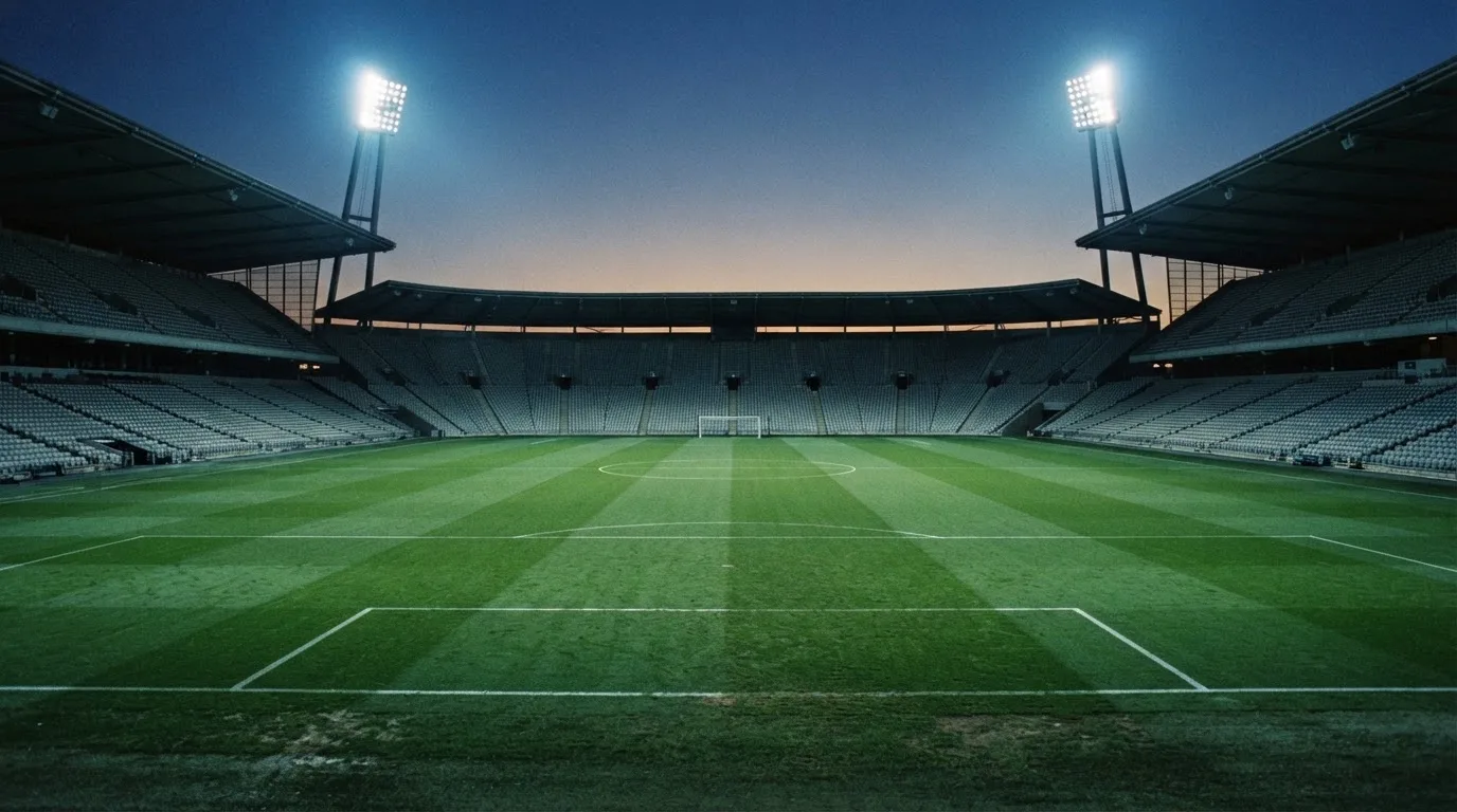 An empty football stadium with floodlight masts at dusk