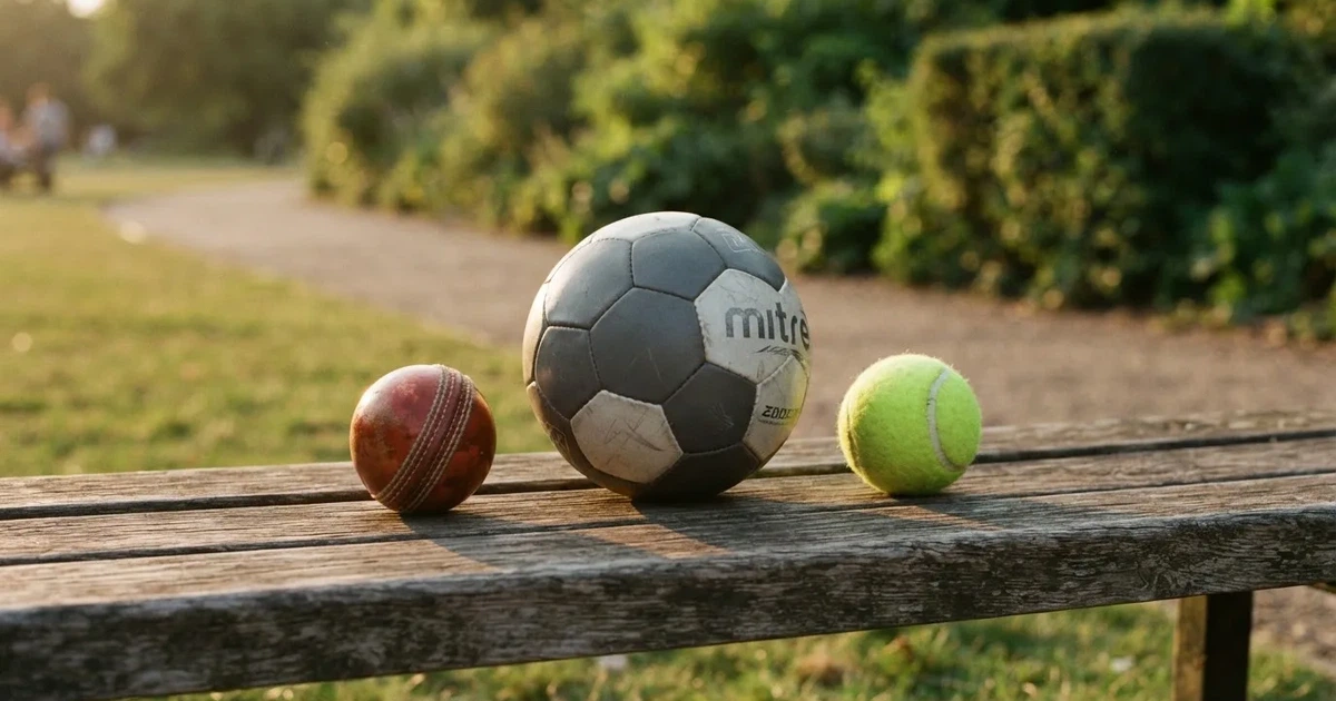 Three balls of different kinds side by side on a wooden bench