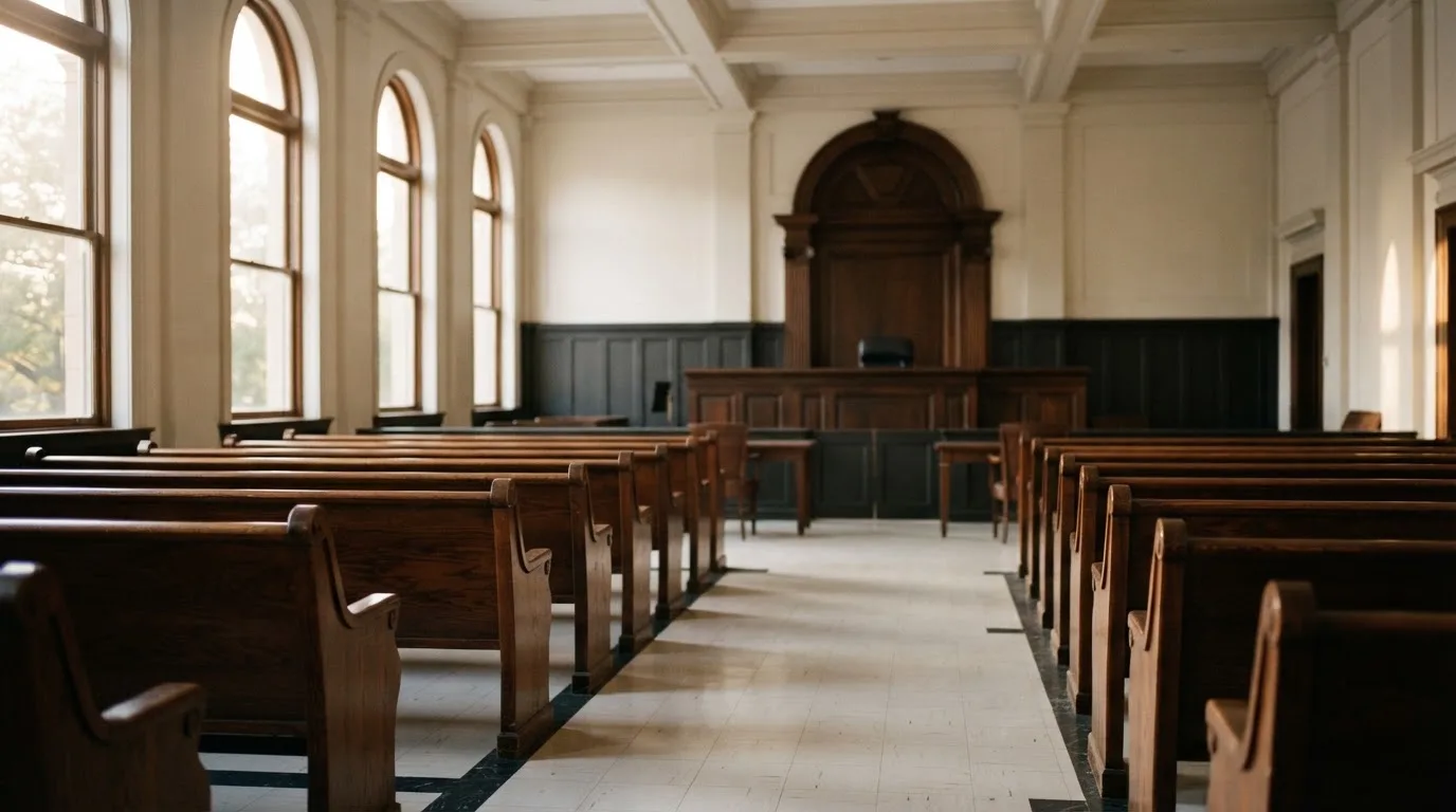 An empty courtroom with wooden benches in morning light
