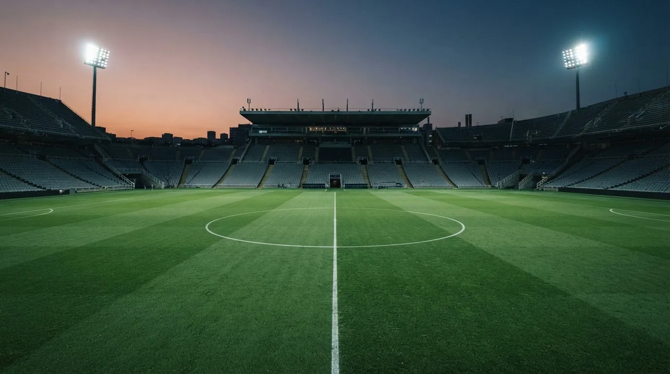 An empty football stadium with floodlight masts at dusk