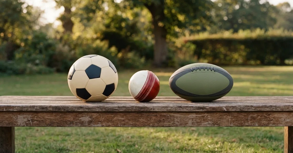 Three balls of different kinds side by side on a wooden bench