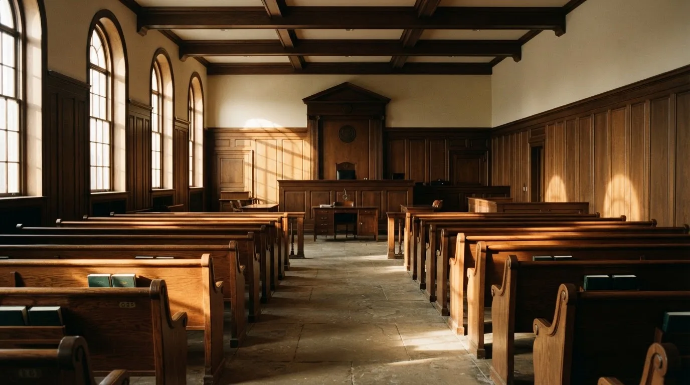 An empty courtroom with wooden benches in morning light