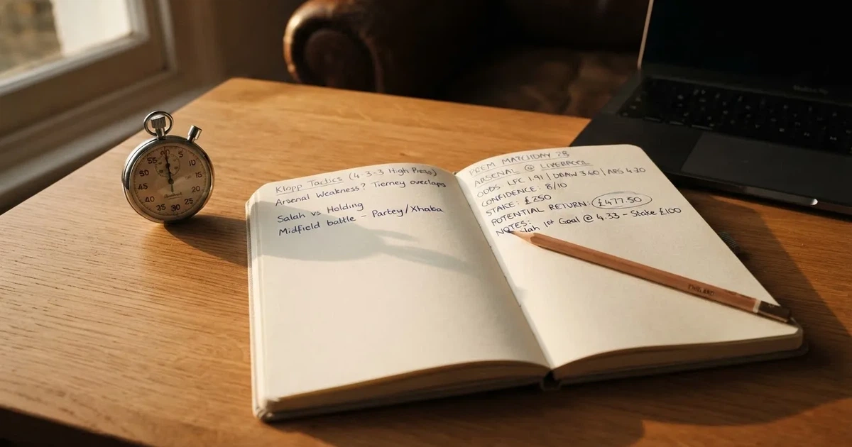 An open notebook with a pencil and a stopwatch on a wooden table