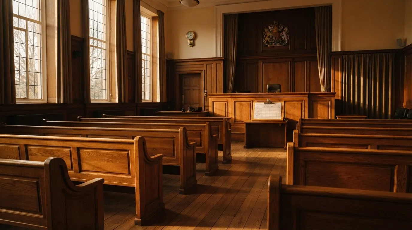 An empty courtroom with wooden benches in morning light