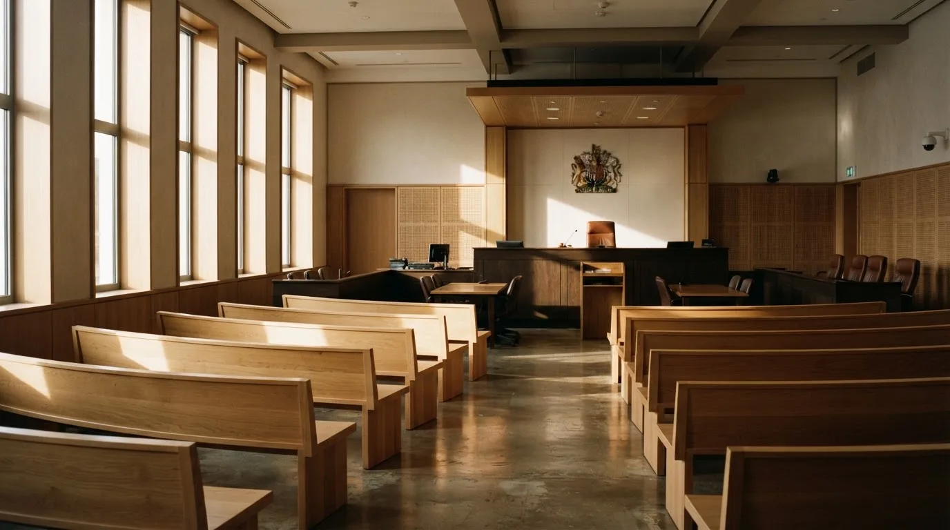 An empty courtroom with wooden benches in morning light