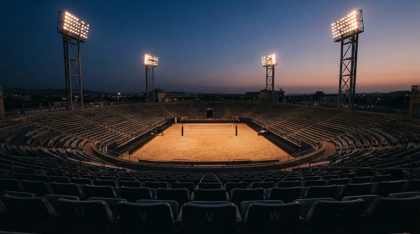 An empty football stadium with floodlight masts at dusk