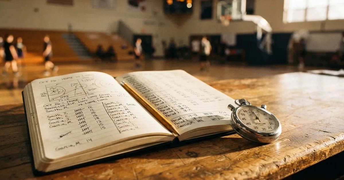 An open notebook with a pencil and a stopwatch on a wooden table