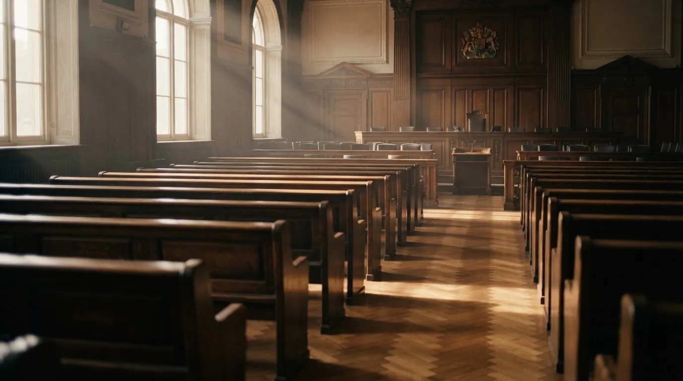 An empty courtroom with wooden benches in morning light