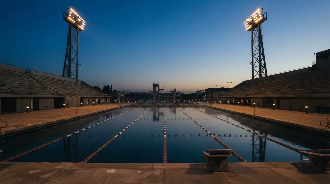 An empty football stadium with floodlight masts at dusk