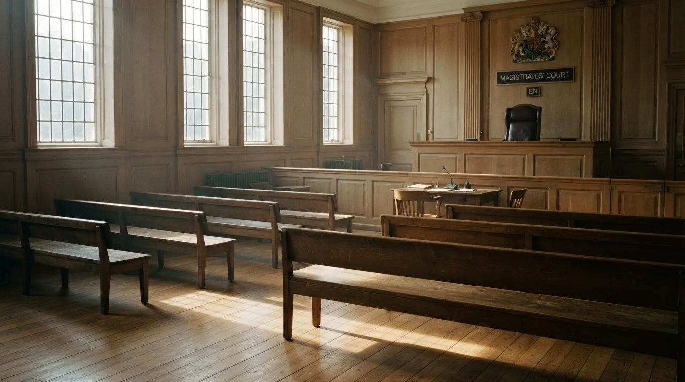 An empty courtroom with wooden benches in morning light