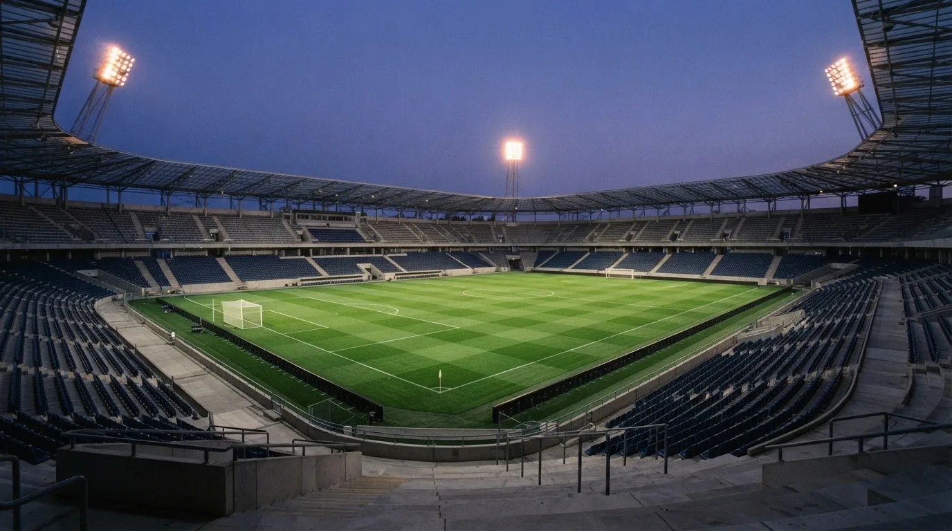 An empty football stadium with floodlight masts at dusk