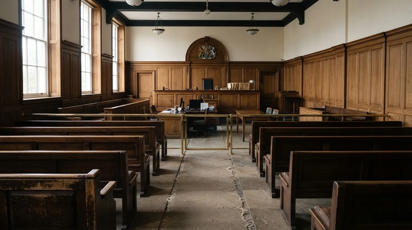 An empty courtroom with wooden benches in morning light