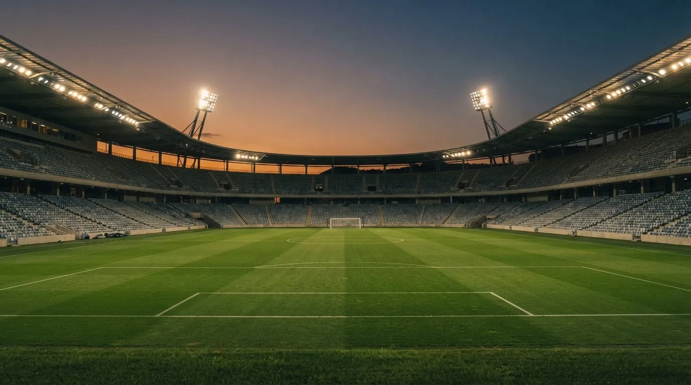 An empty football stadium with floodlight masts at dusk