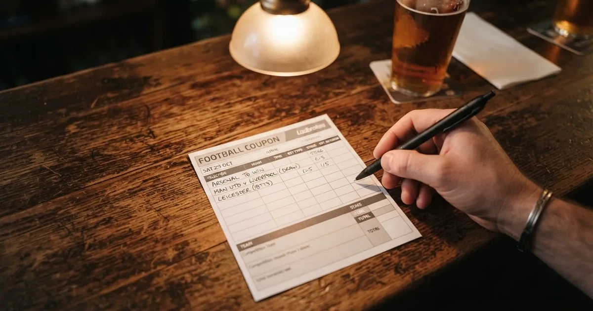 A blank paper betting slip beside a pen on a wooden counter