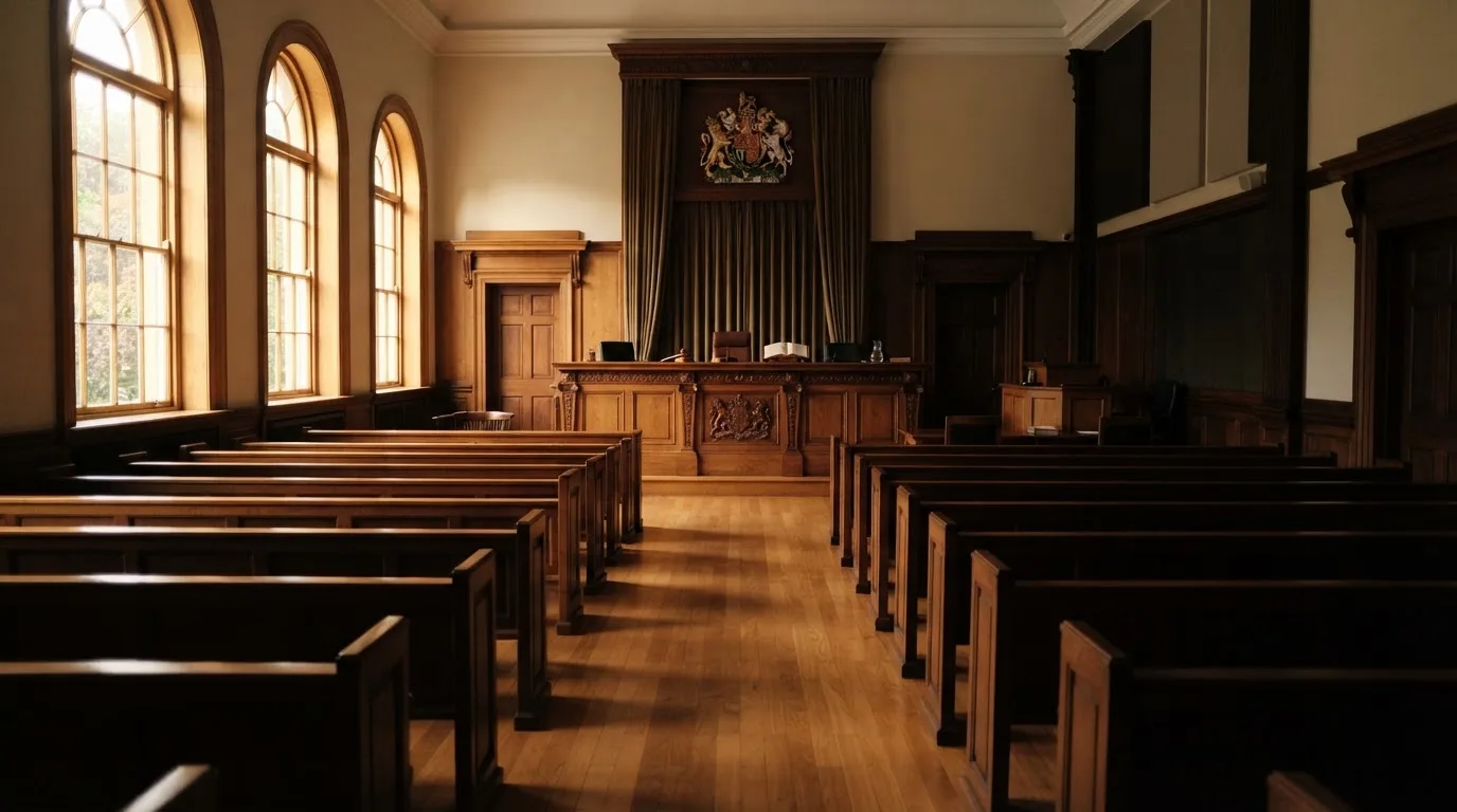 An empty courtroom with wooden benches in morning light