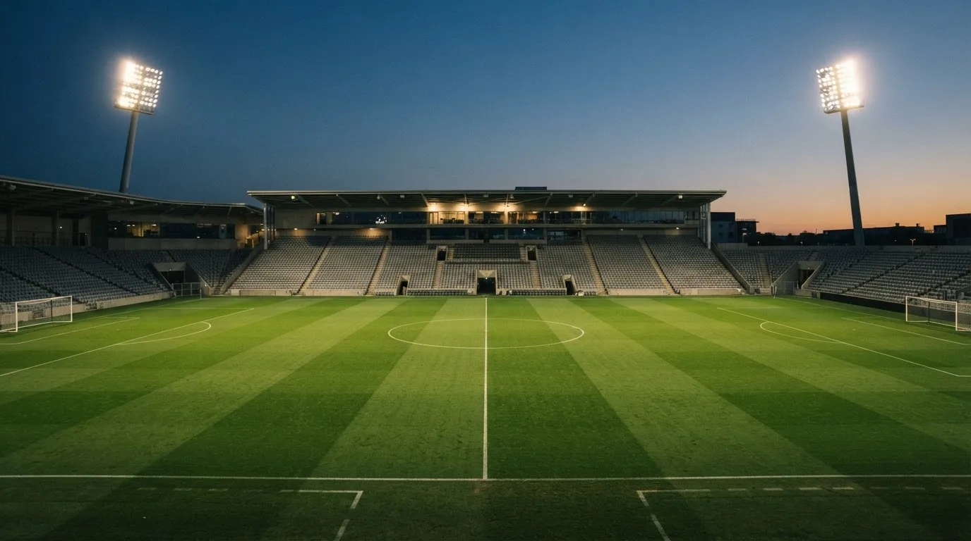 An empty football stadium with floodlight masts at dusk