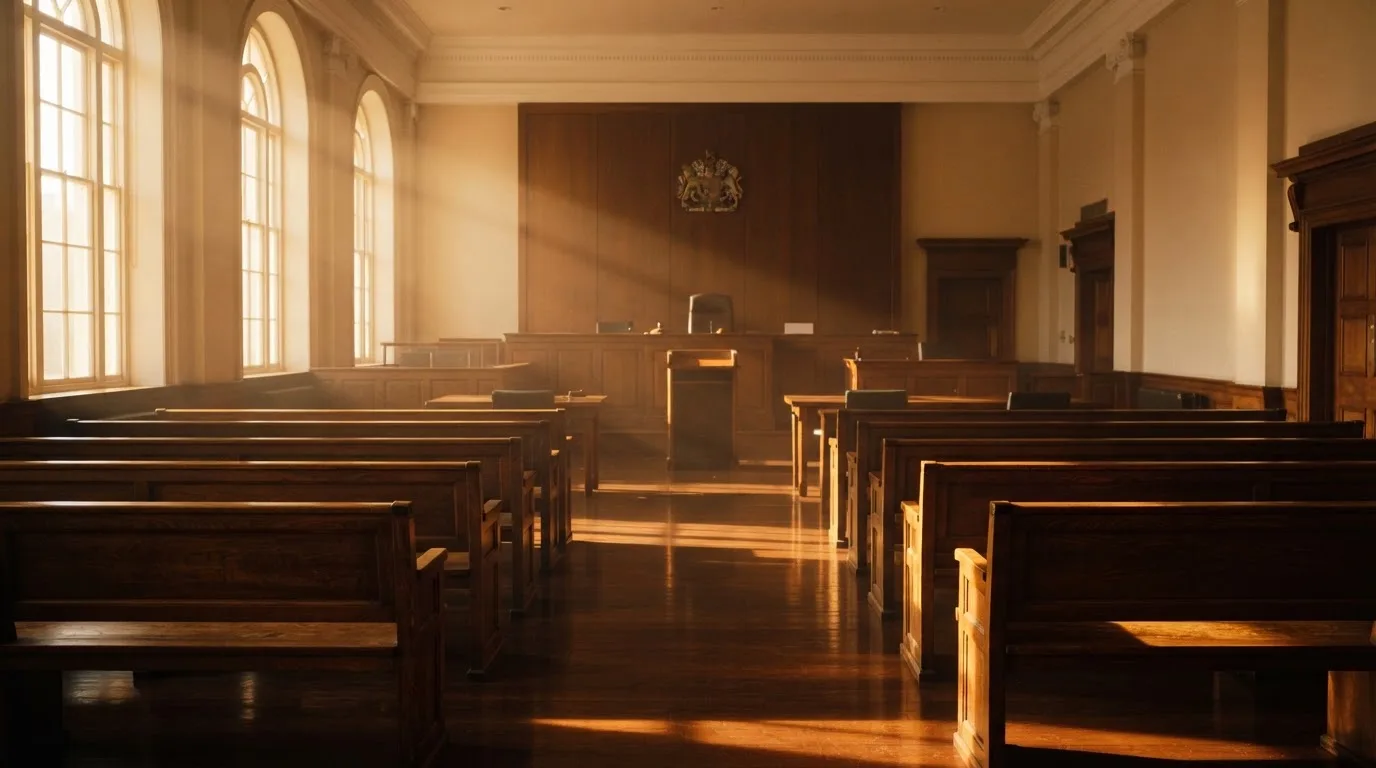 An empty courtroom with wooden benches in morning light