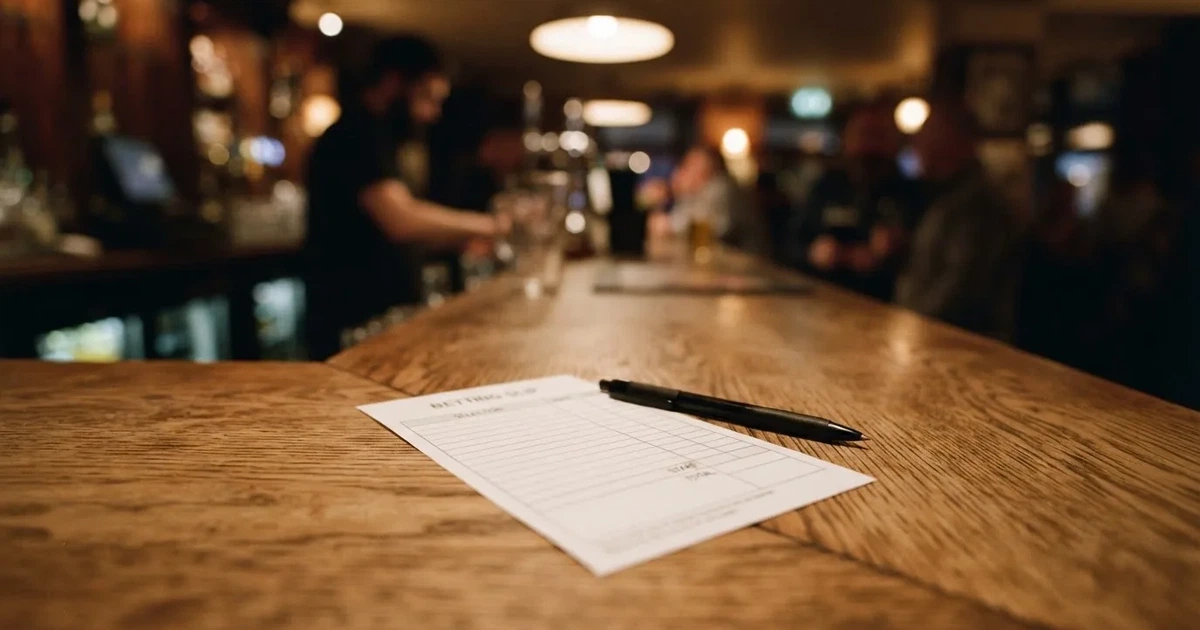 A blank paper betting slip beside a pen on a wooden counter