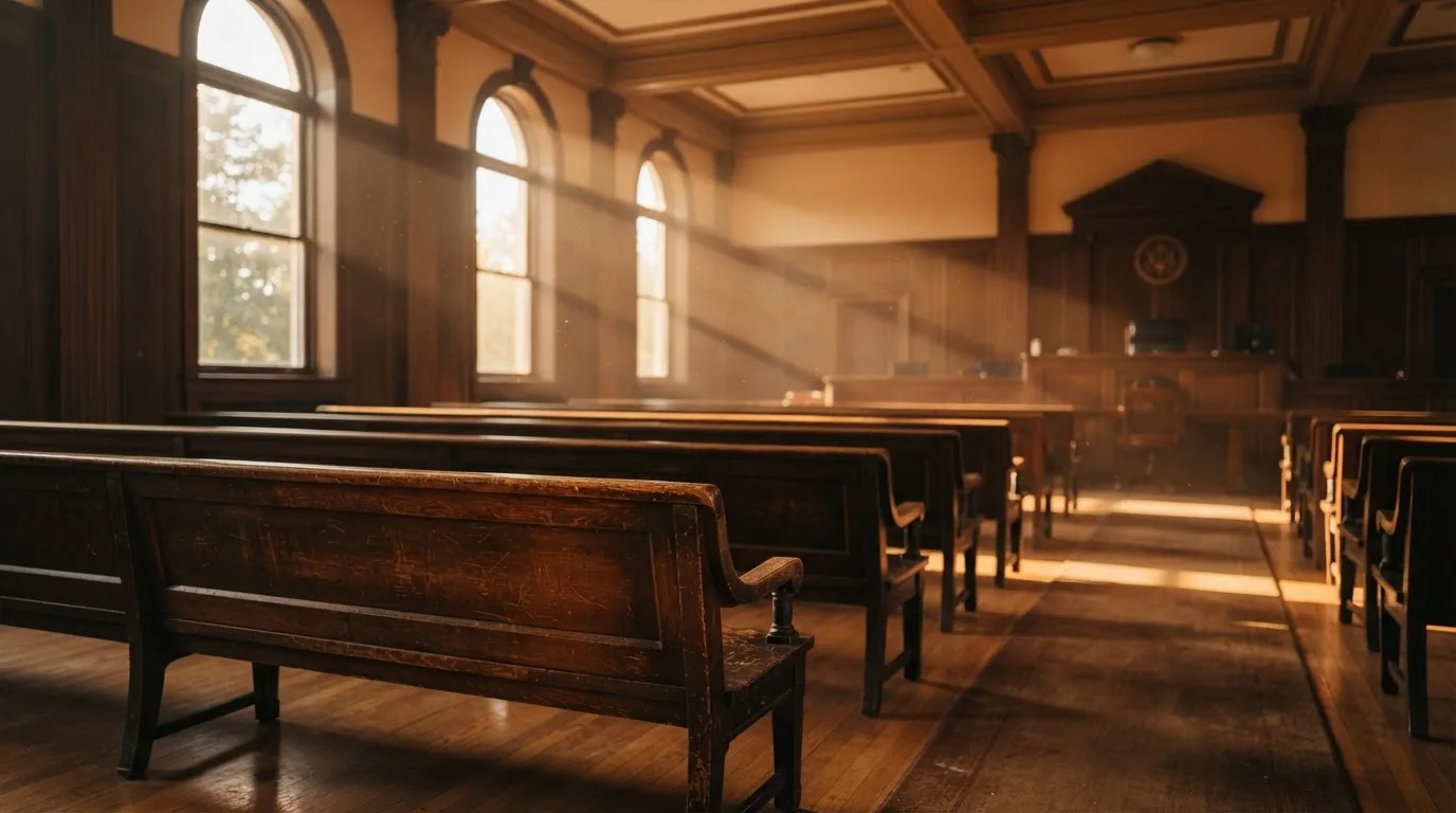 An empty courtroom with wooden benches in morning light