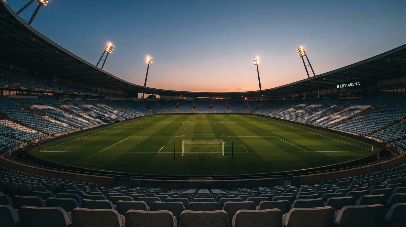 An empty football stadium with floodlight masts at dusk