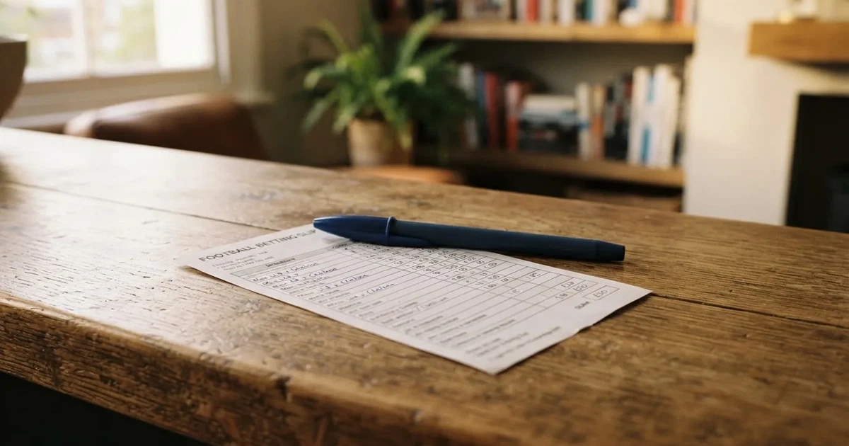 A blank paper betting slip beside a pen on a wooden counter