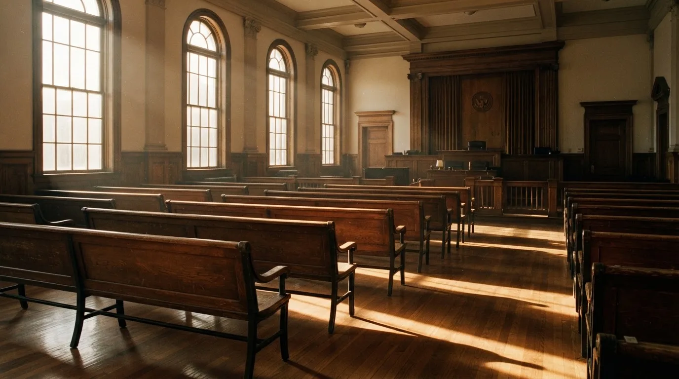An empty courtroom with wooden benches in morning light